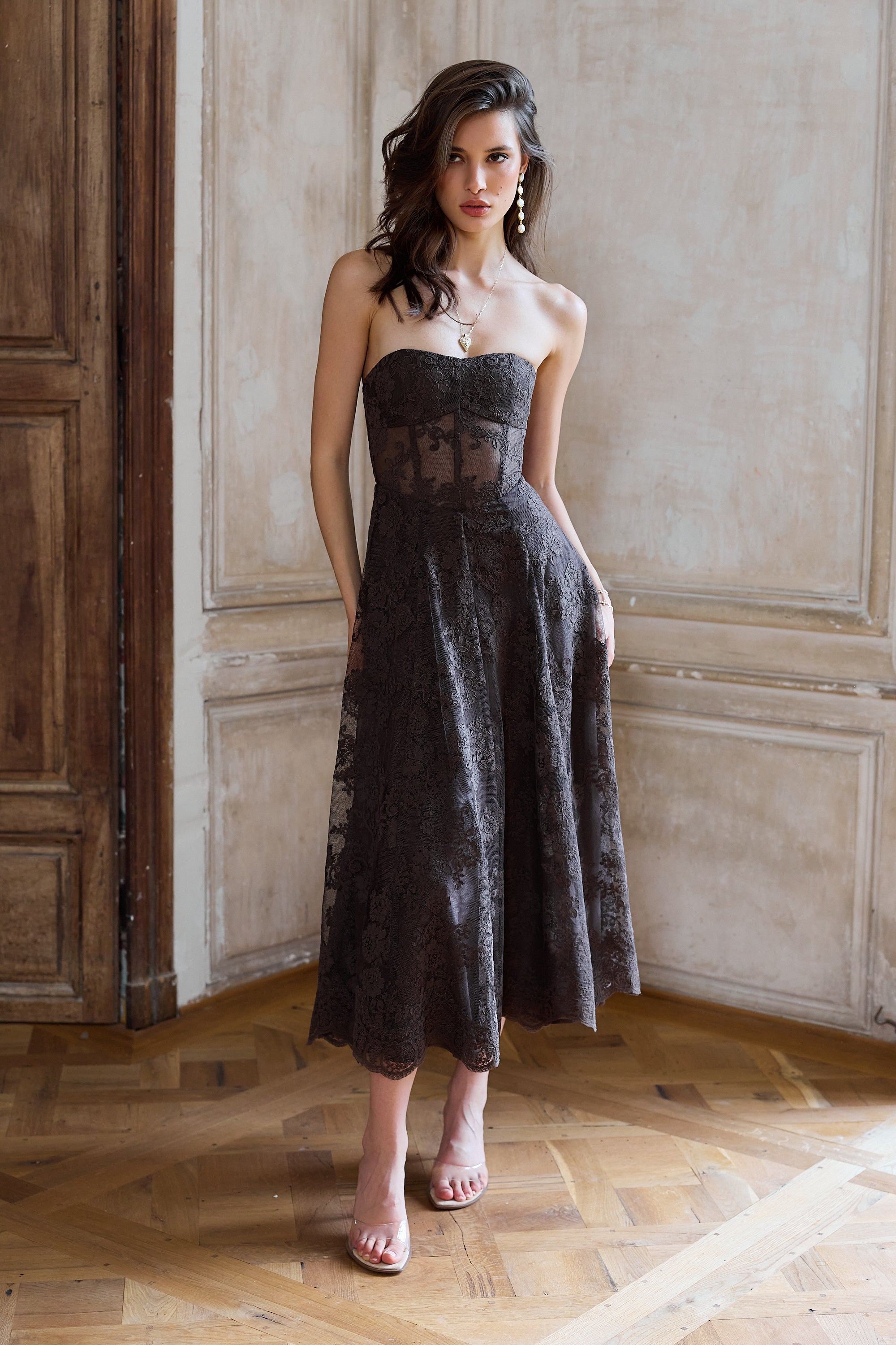 The Hazel Dress in Chocolate Chantilly Lace