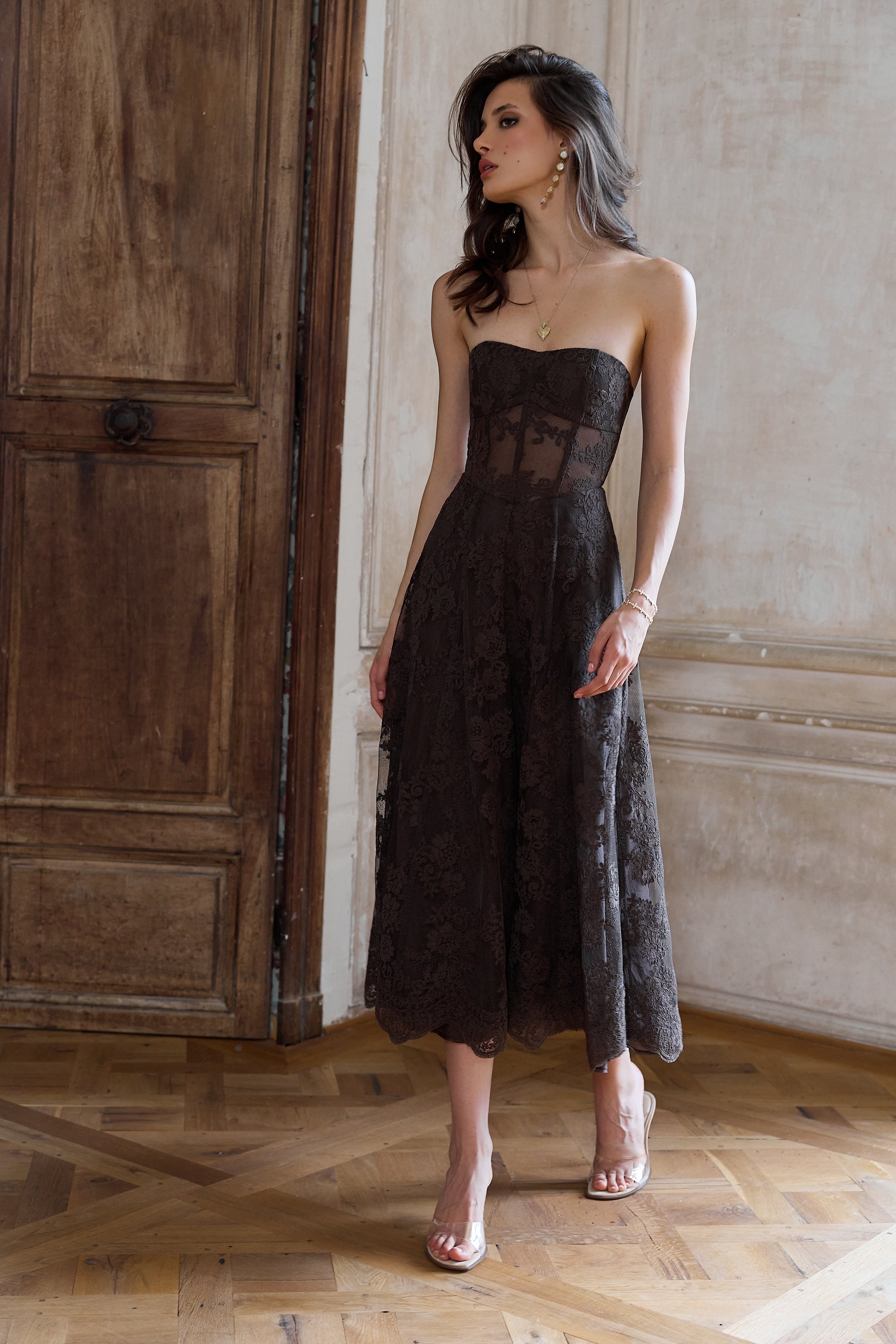 The Hazel Dress in Chocolate Chantilly Lace