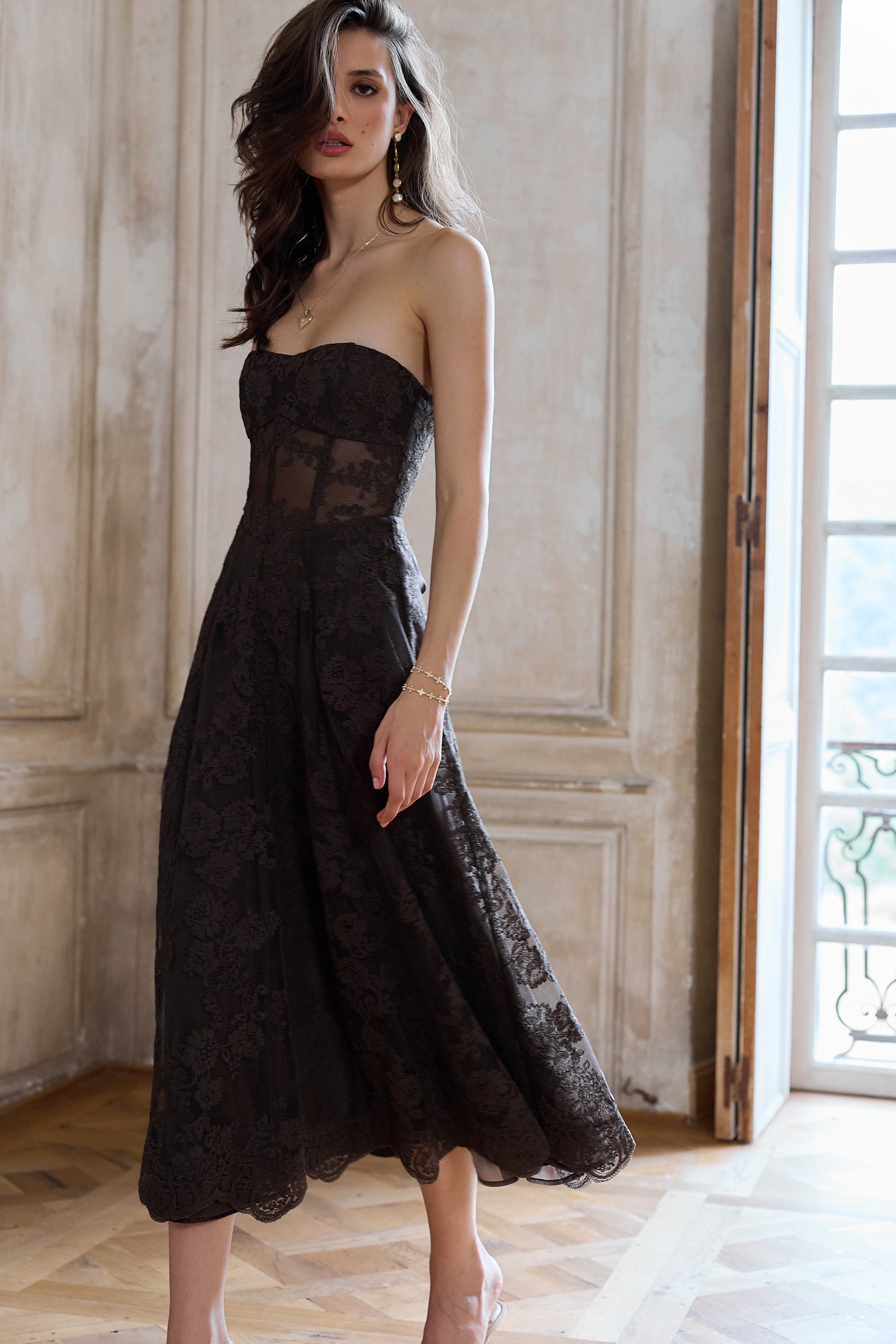 The Hazel Dress in Chocolate Chantilly Lace