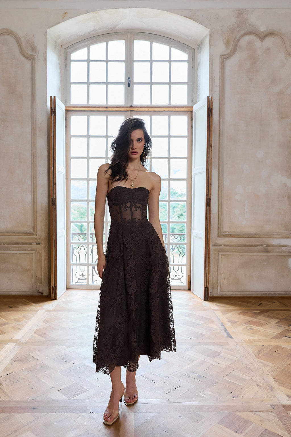 The Hazel Dress in Chocolate Chantilly Lace