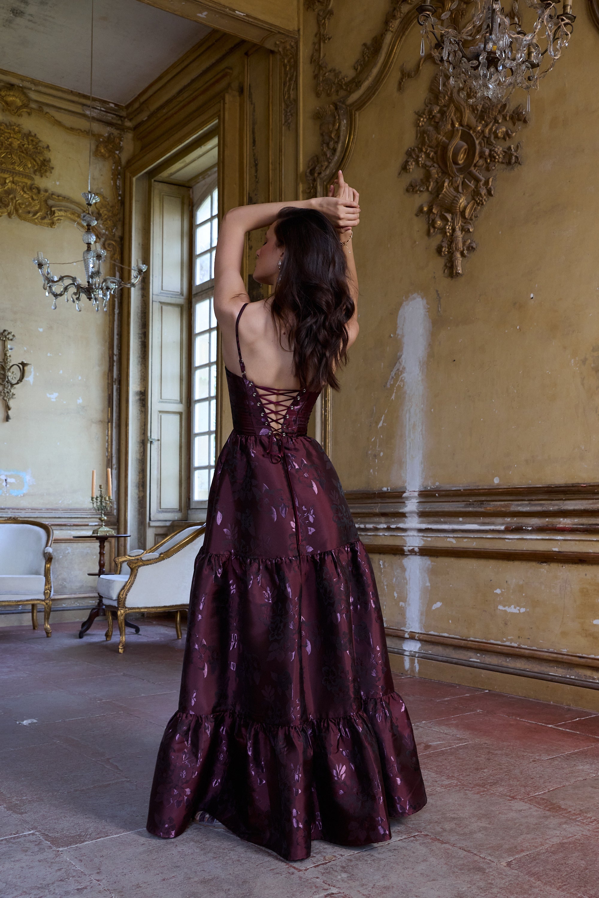 The Lucetta Dress in Plum Baroque Floral