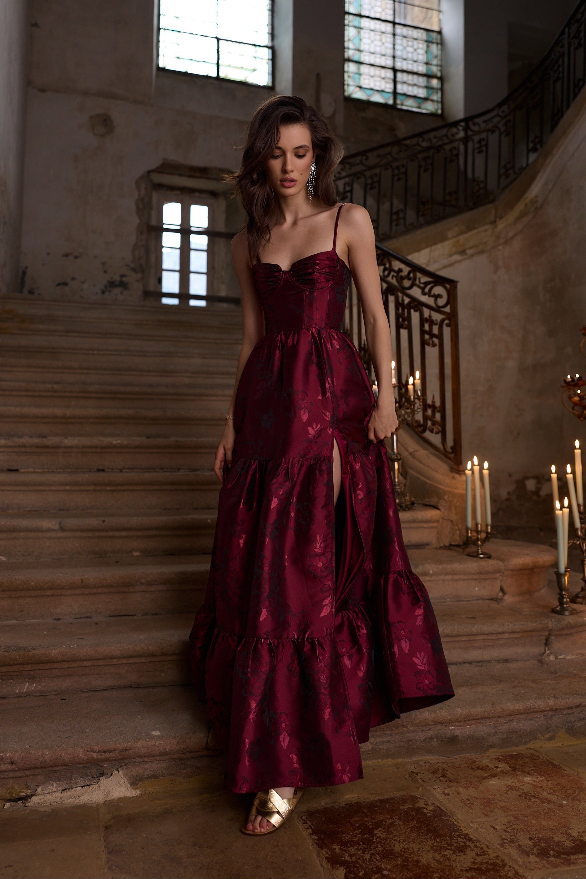 The Lucetta Dress in Garnet Baroque Floral