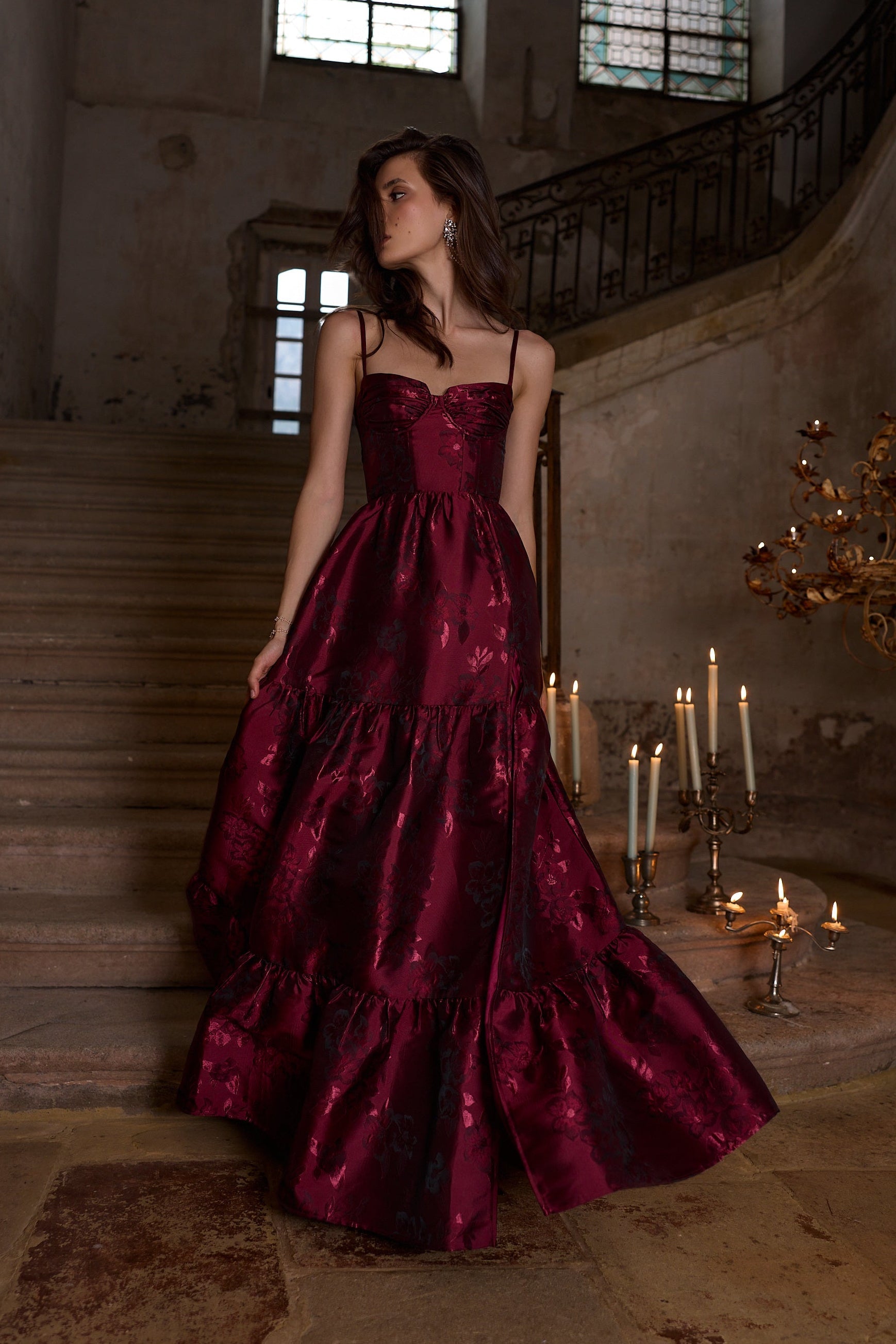 The Lucetta Dress in Garnet Baroque Floral