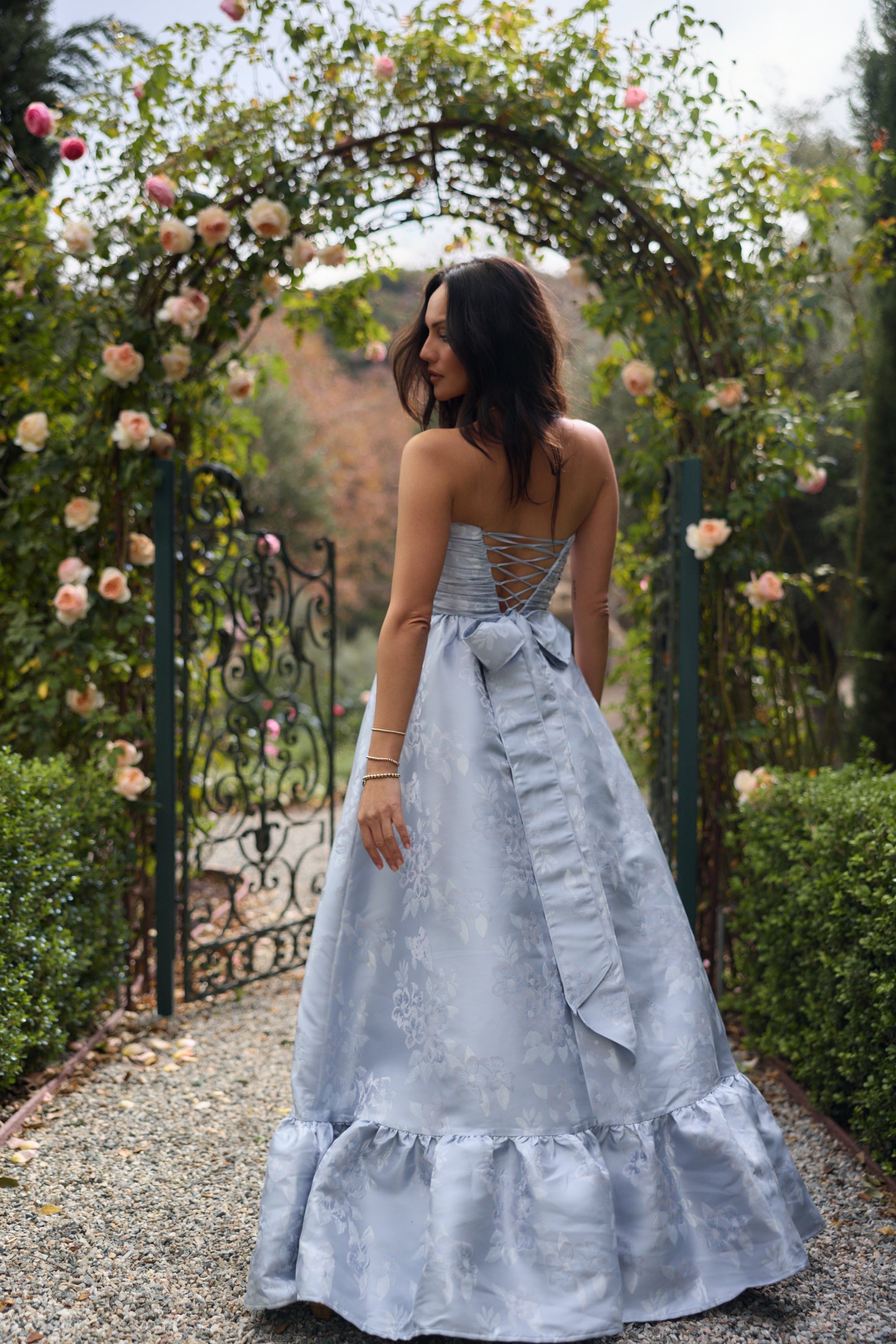 The Regina Dress in Icelandic Blue Baroque Floral