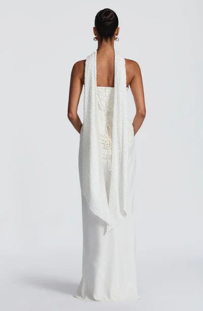 White Strapless Beaded Corset Waist Draped Evening Gown