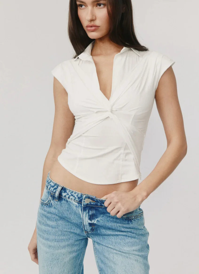 Twist Front V-Neck Fitted Sleeveless Blouse