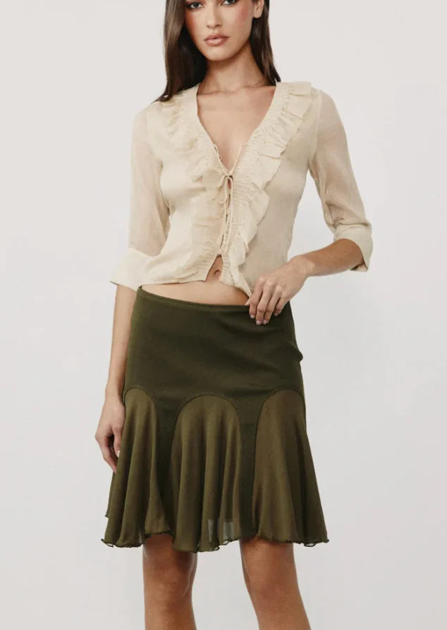 Ruffled Tie-Front Sheer Cropped Blouse