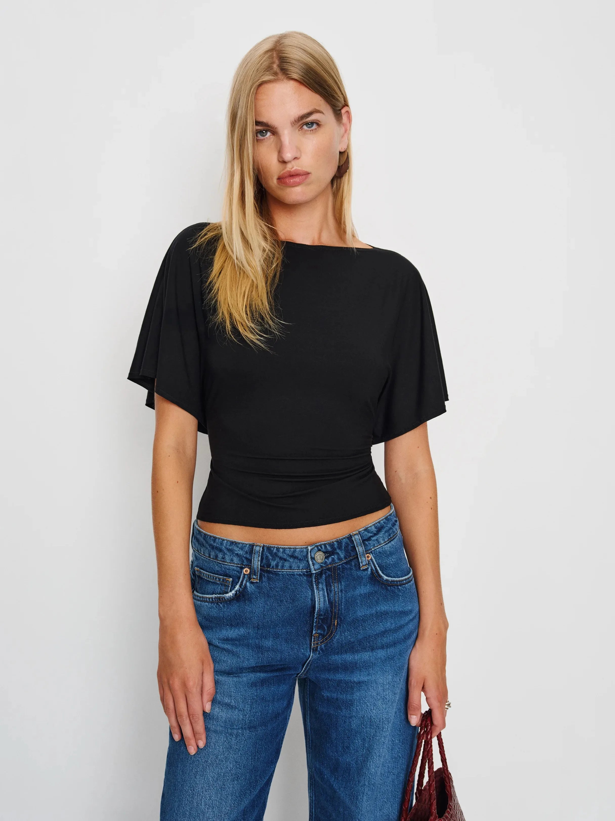 Neck Tie-Waist Batwing Sleeve Cropped Top | Vintage Commuter Slim-Fit T-Shirt