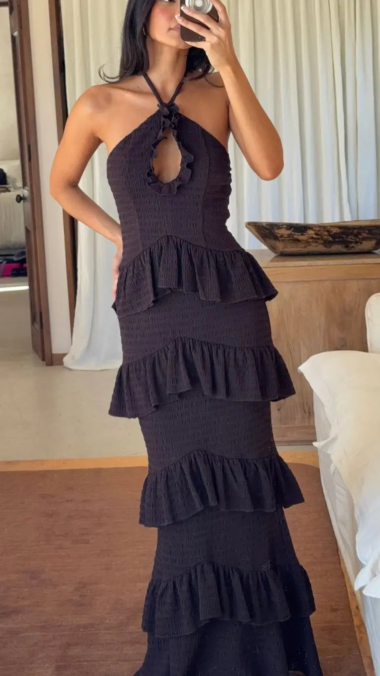 Deep Brown Halter Neck Cutout Tiered Ruffle Maxi Dress