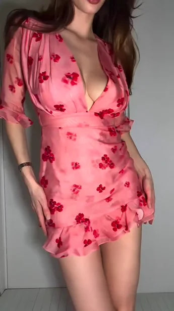 Pink Base Red Floral Deep V-Neck Ruffled Mini Dress