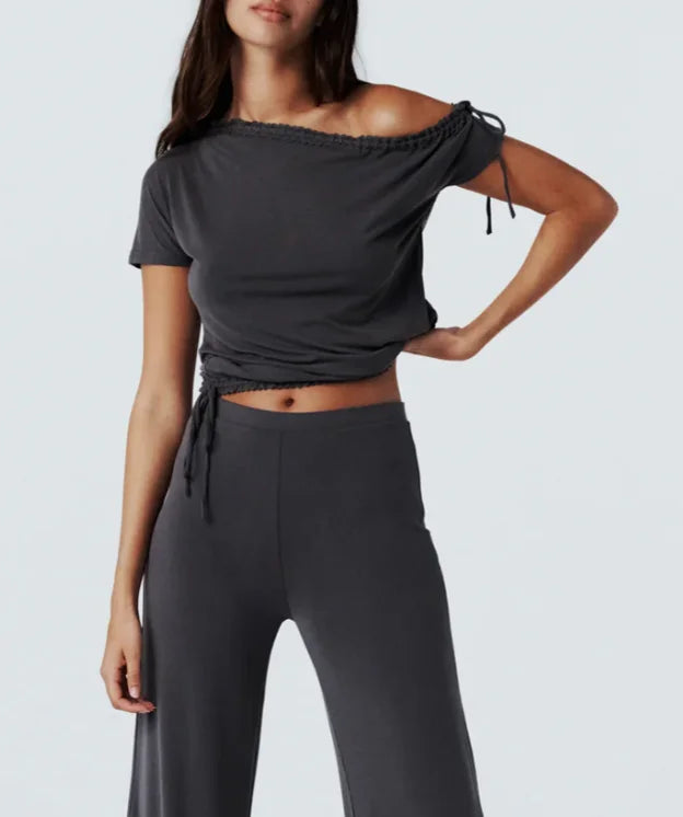 Asymmetrical Off-Shoulder Lace Trim Drawstring Crop Top