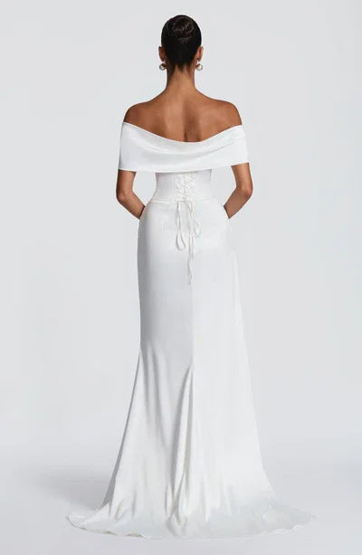 Off-Shoulder Satin Corset Waist Slit Wedding Dress