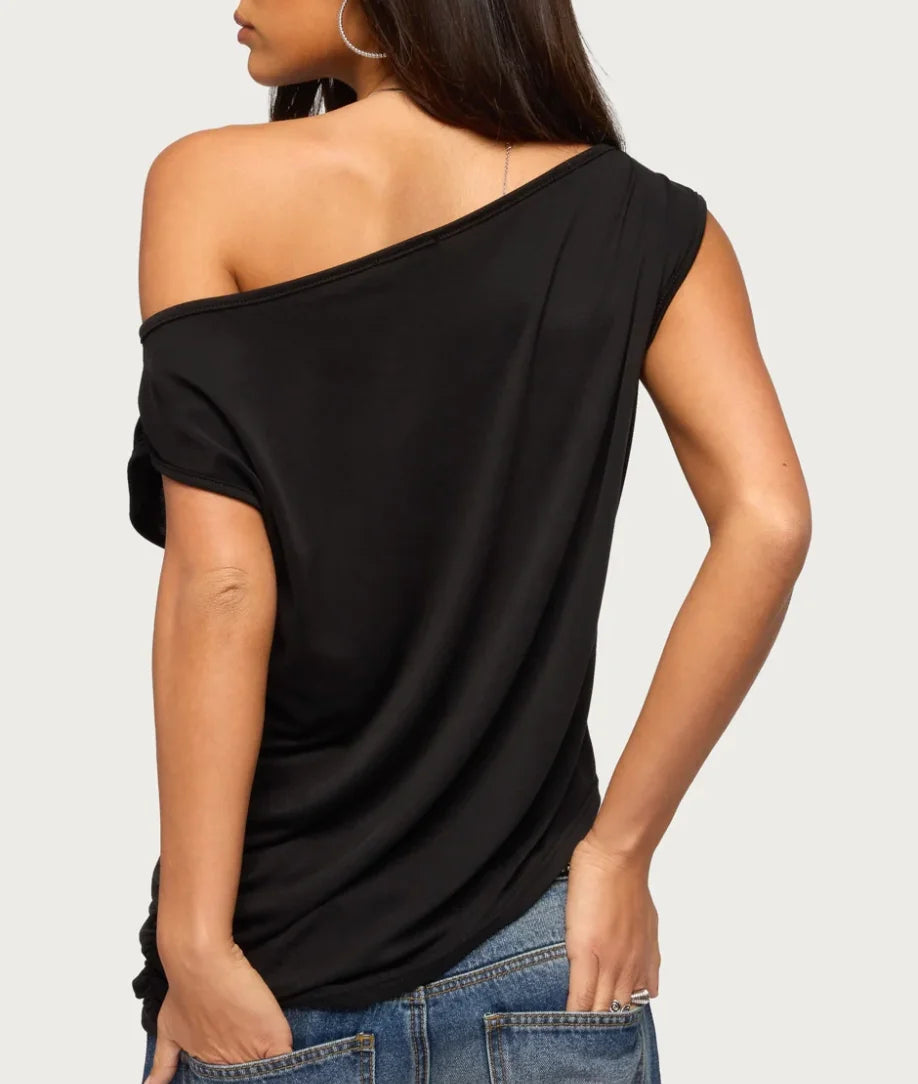 Asymmetric Off-Shoulder Draped T-Shirt