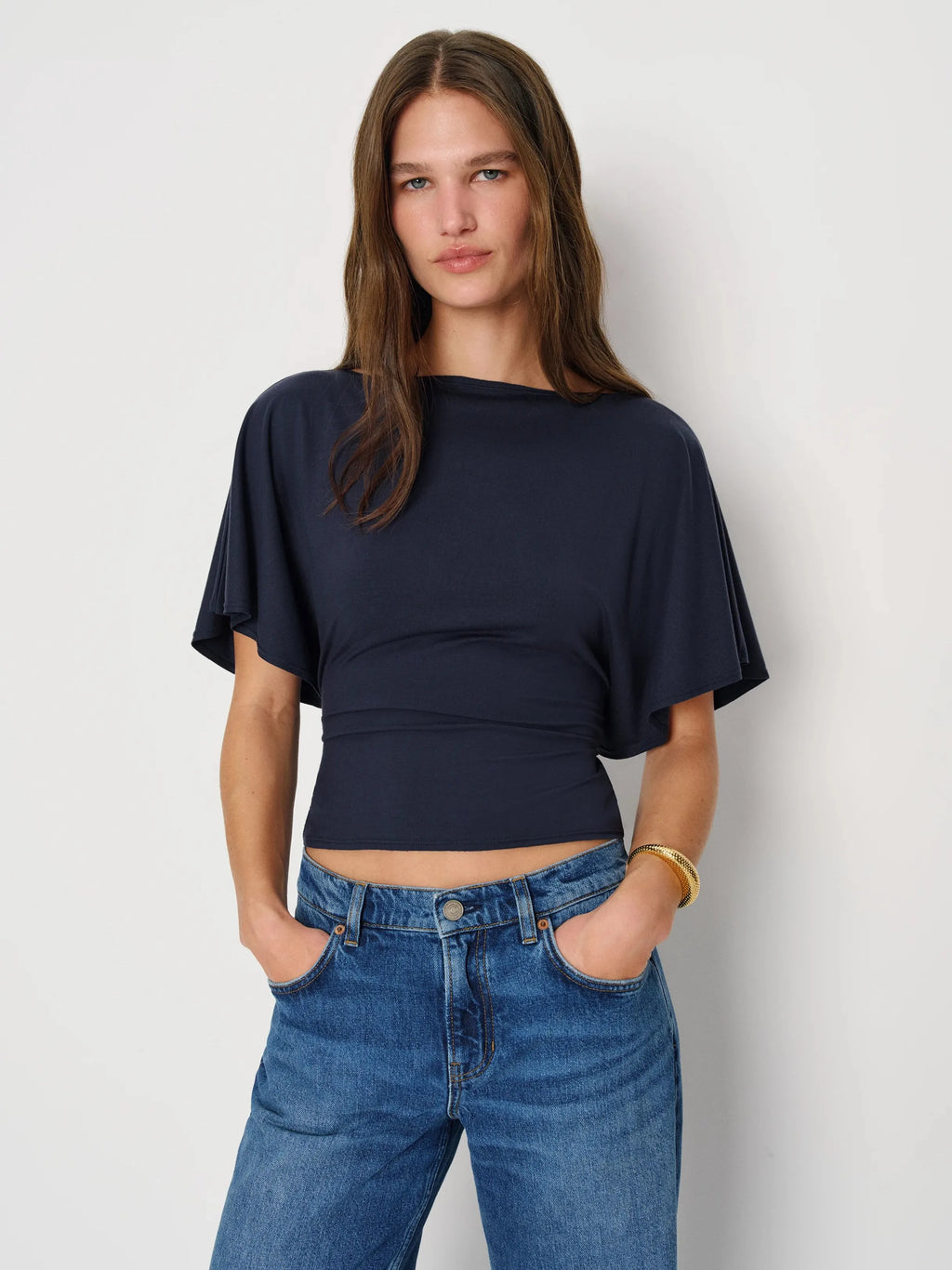 Neck Tie-Waist Batwing Sleeve Cropped Top | Vintage Commuter Slim-Fit T-Shirt