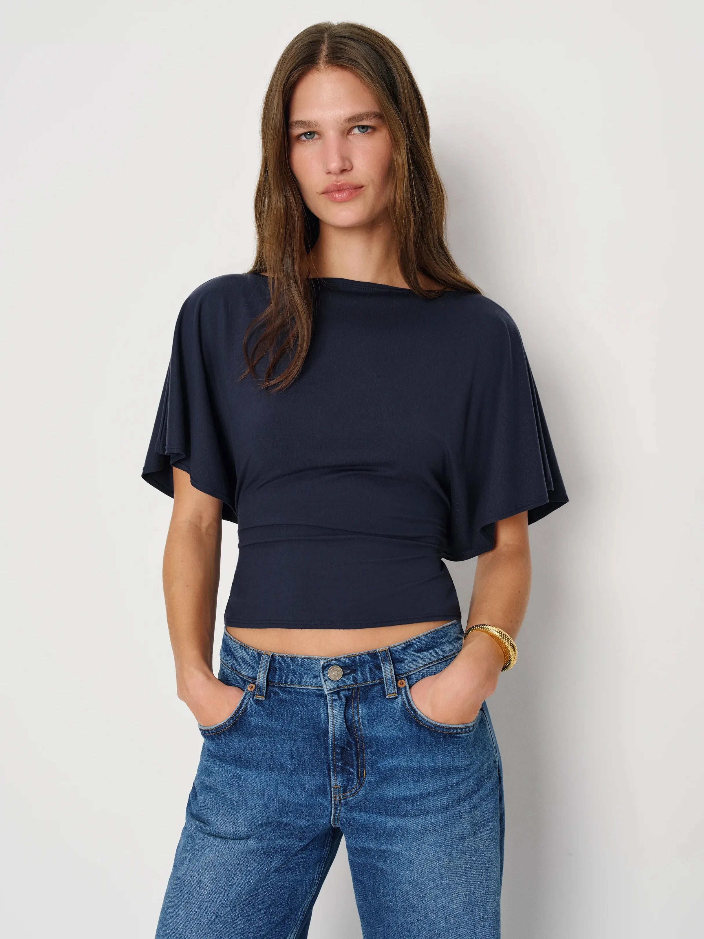 Neck Tie-Waist Batwing Sleeve Cropped Top | Vintage Commuter Slim-Fit T-Shirt