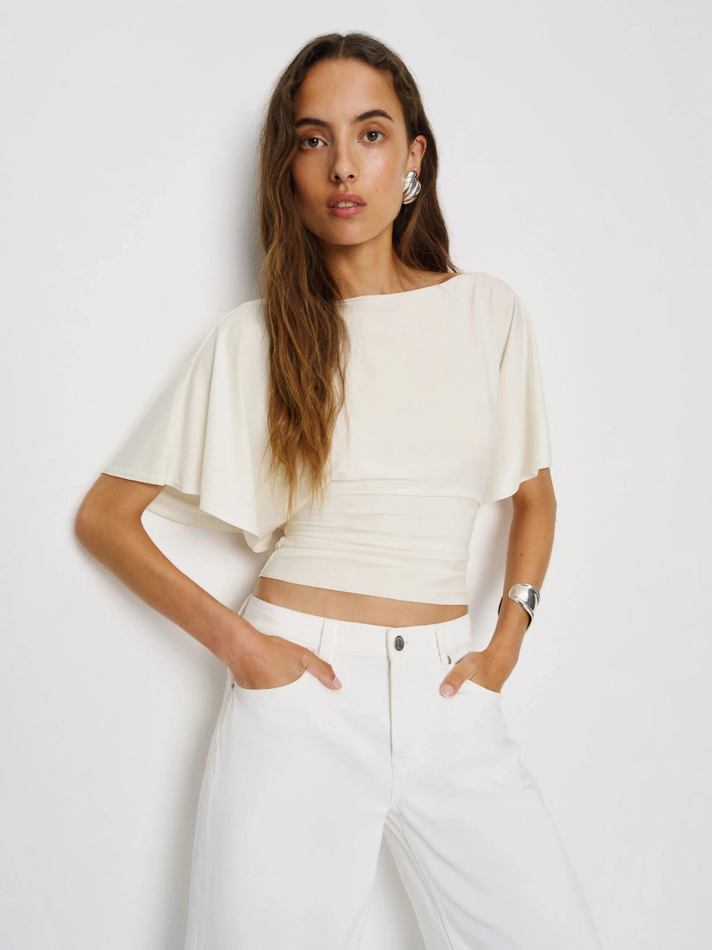 Neck Tie-Waist Batwing Sleeve Cropped Top | Vintage Commuter Slim-Fit T-Shirt