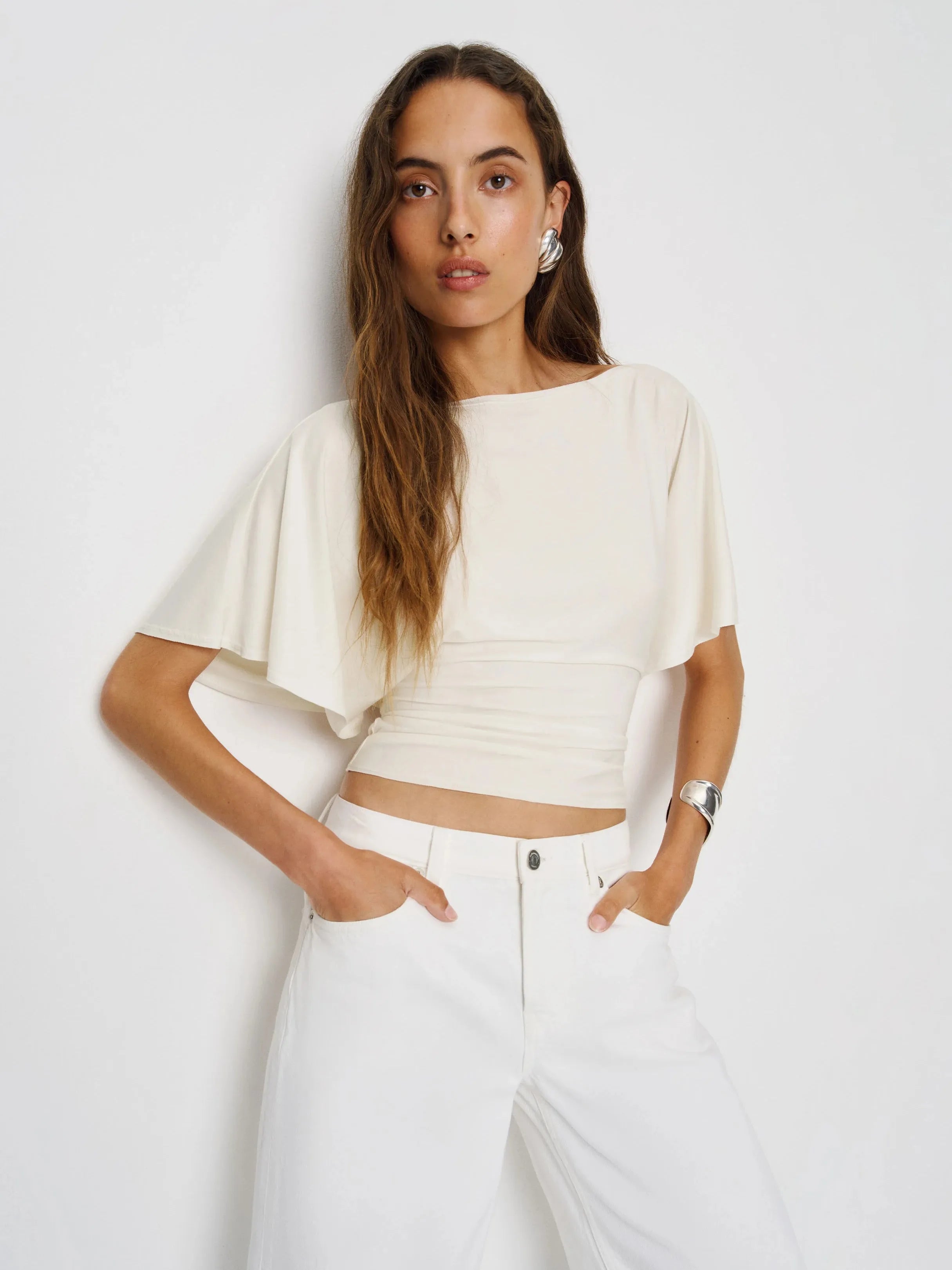 Neck Tie-Waist Batwing Sleeve Cropped Top | Vintage Commuter Slim-Fit T-Shirt