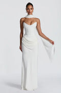 White Strapless Beaded Corset Waist Draped Evening Gown