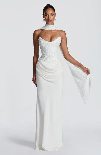 White Strapless Beaded Corset Waist Draped Evening Gown