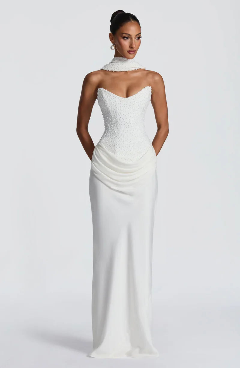 White Strapless Beaded Corset Waist Draped Evening Gown