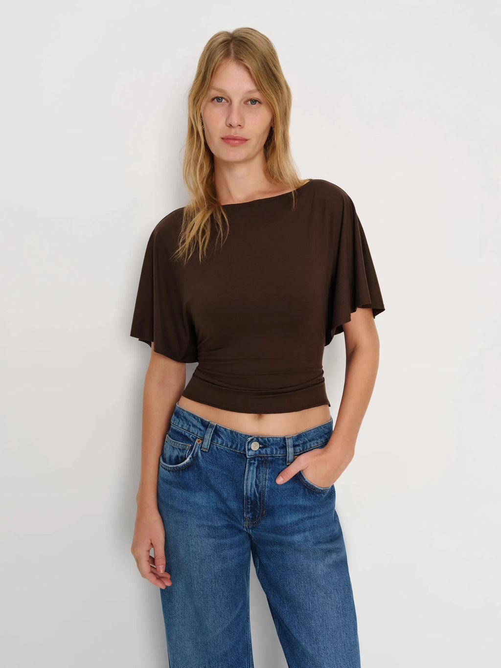 Neck Tie-Waist Batwing Sleeve Cropped Top | Vintage Commuter Slim-Fit T-Shirt