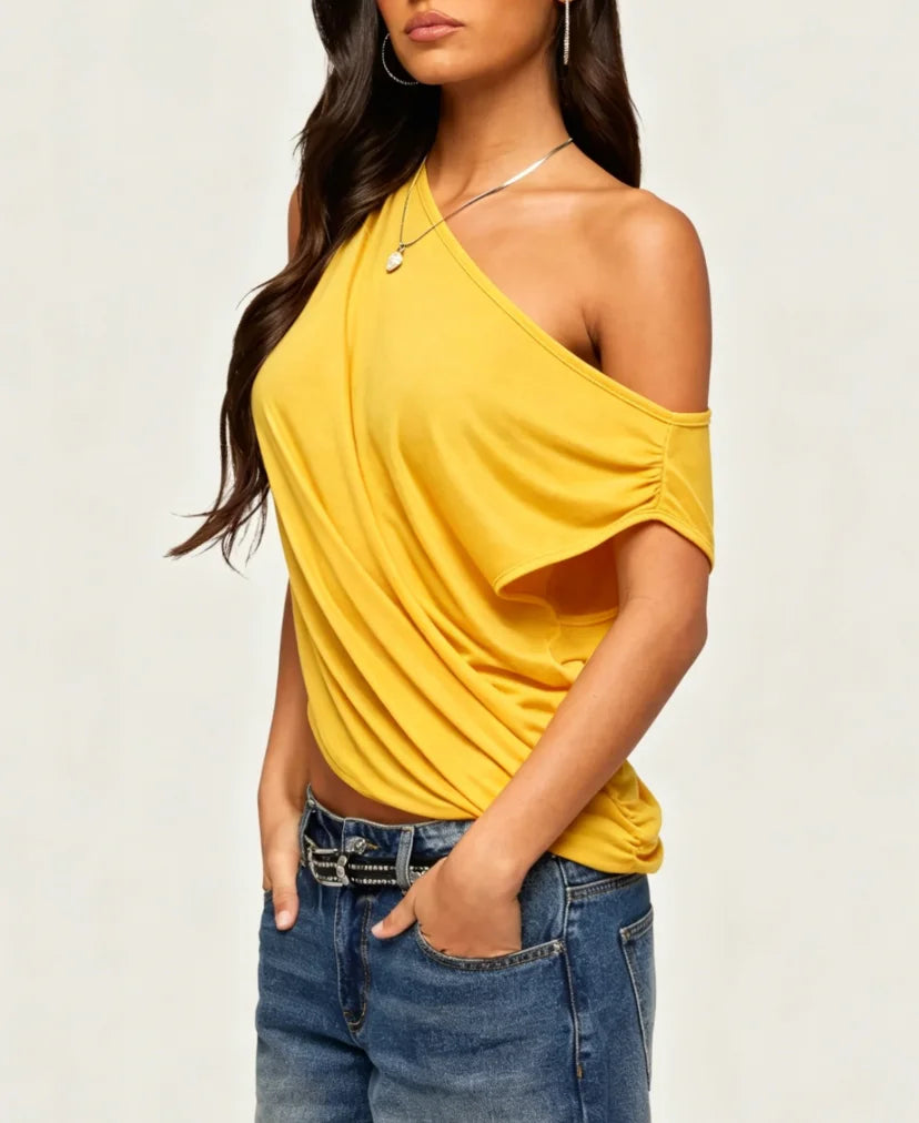 Asymmetric Off-Shoulder Draped T-Shirt
