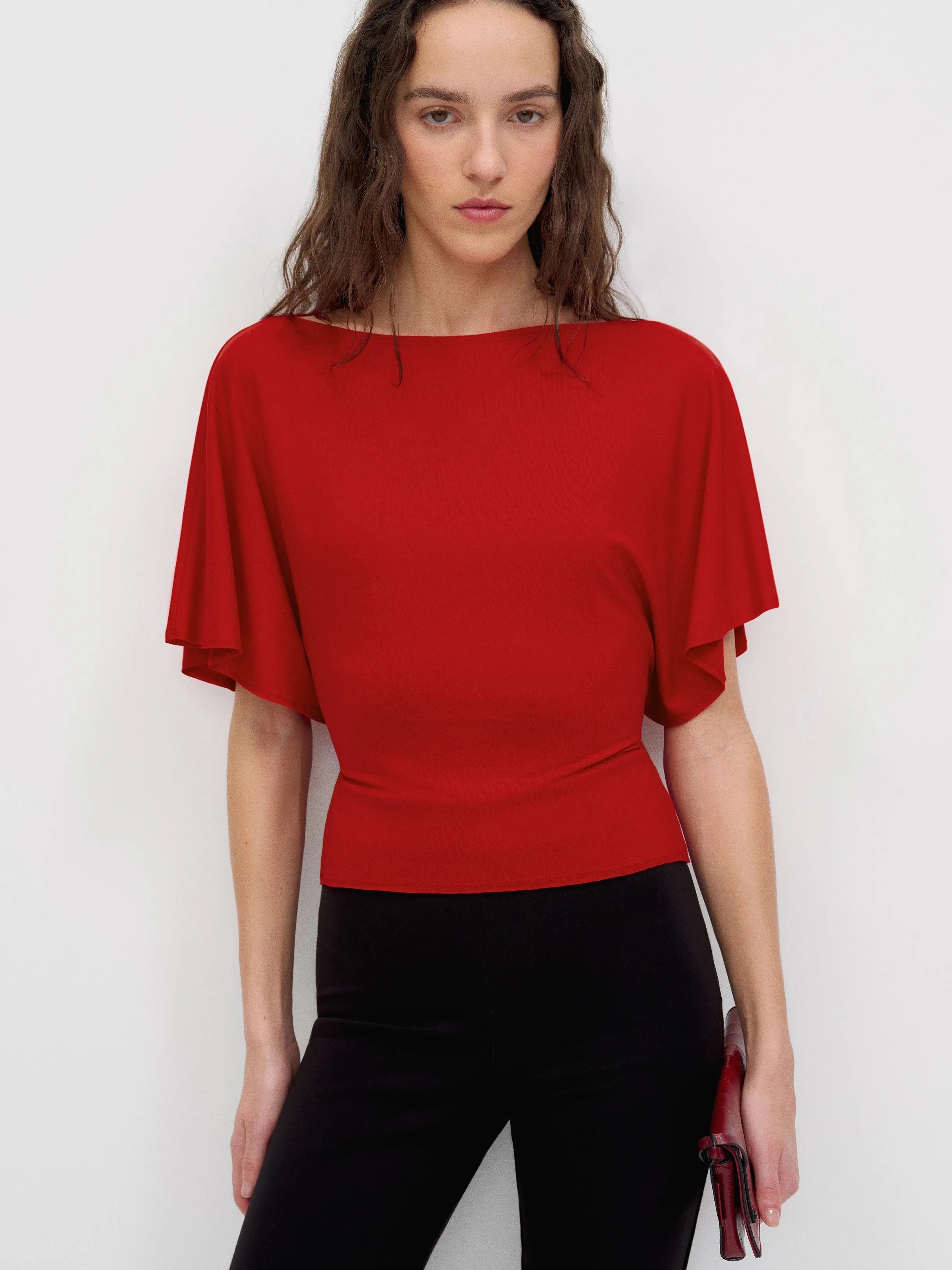 Neck Tie-Waist Batwing Sleeve Cropped Top | Vintage Commuter Slim-Fit T-Shirt