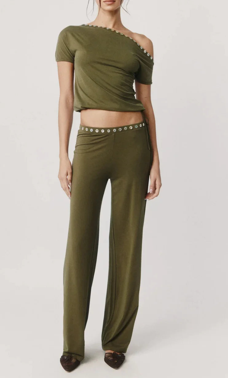 One-Shoulder Shell Button Crop Top & High-Waist Wide Leg Pants Set