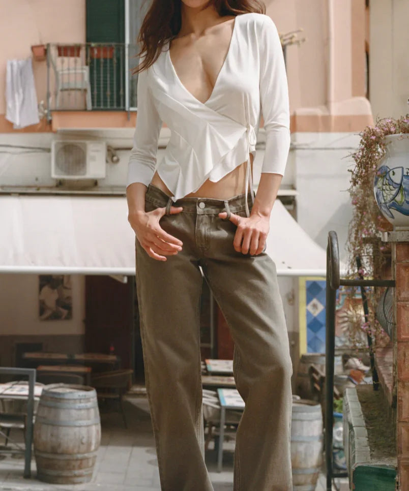 Wrap Tie V-Neck 3/4 Sleeve Top