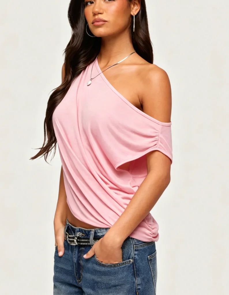 Asymmetric Off-Shoulder Draped T-Shirt