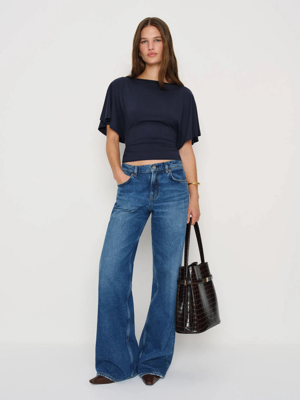 Neck Tie-Waist Batwing Sleeve Cropped Top | Vintage Commuter Slim-Fit T-Shirt