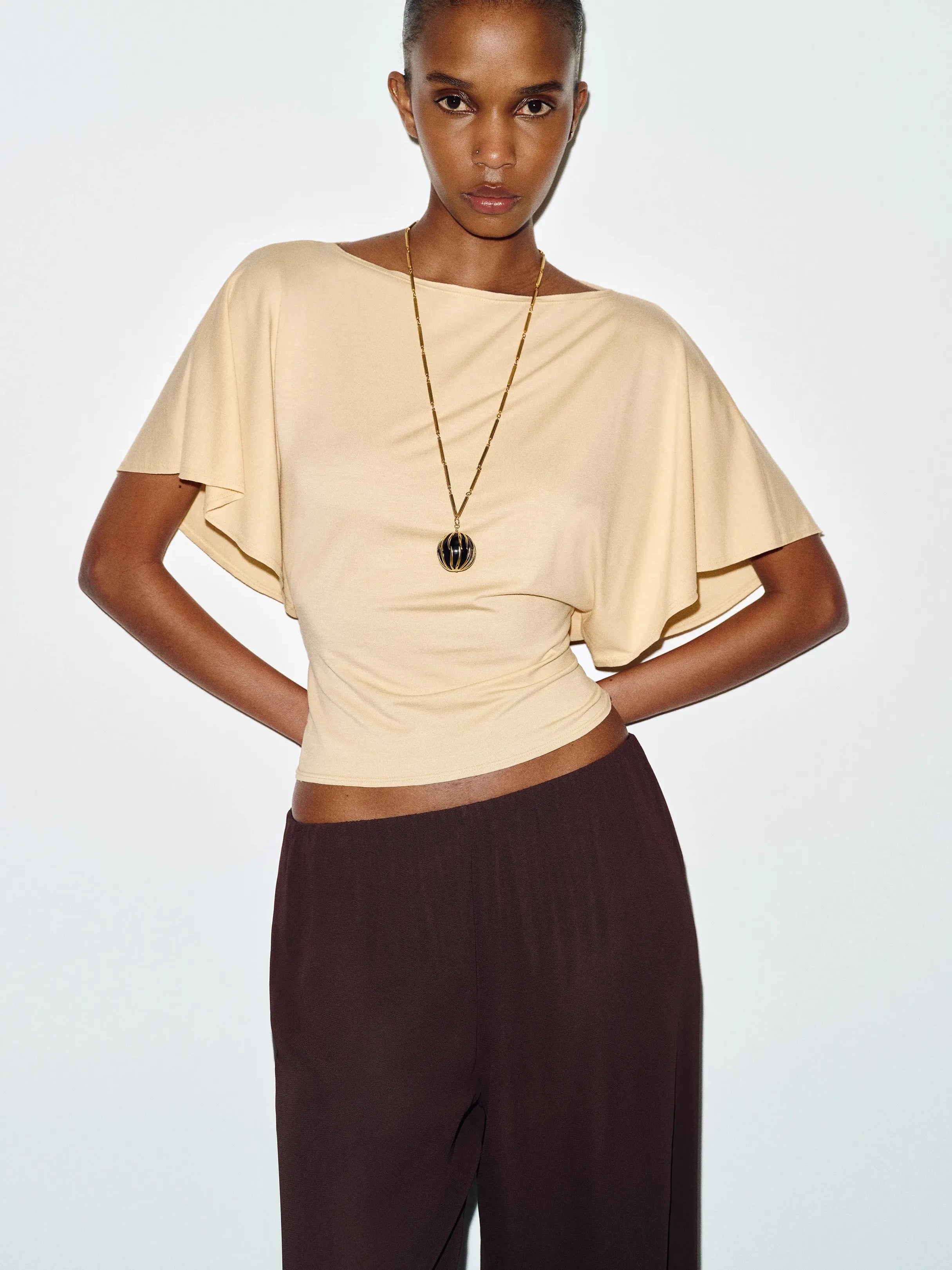 Neck Tie-Waist Batwing Sleeve Cropped Top | Vintage Commuter Slim-Fit T-Shirt