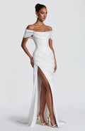 Off-Shoulder Satin Corset Waist Slit Wedding Dress
