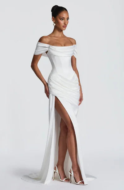 Off-Shoulder Satin Corset Waist Slit Wedding Dress