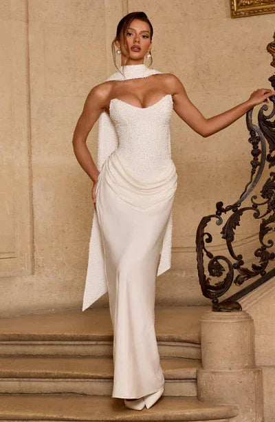 White Strapless Beaded Corset Waist Draped Evening Gown