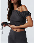 Asymmetrical Off-Shoulder Lace Trim Drawstring Crop Top