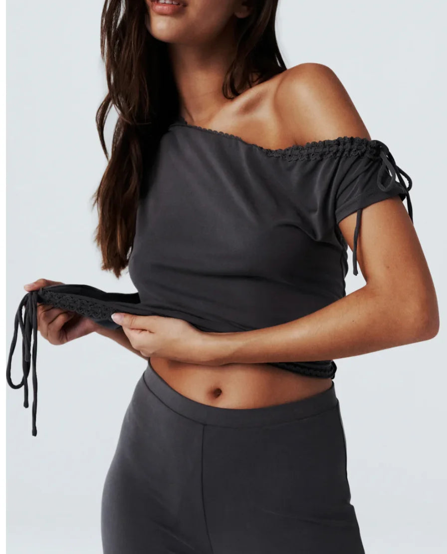 Asymmetrical Off-Shoulder Lace Trim Drawstring Crop Top