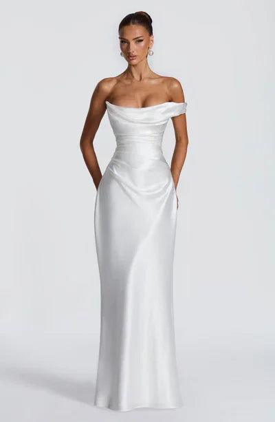 Off-Shoulder/One-Shoulder Satin Corset Waist Mermaid Wedding Dress