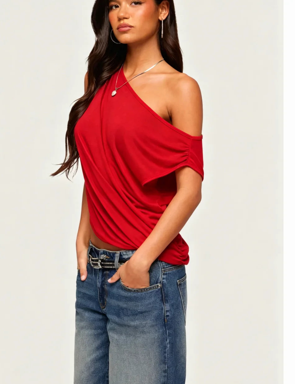 Asymmetric Off-Shoulder Draped T-Shirt
