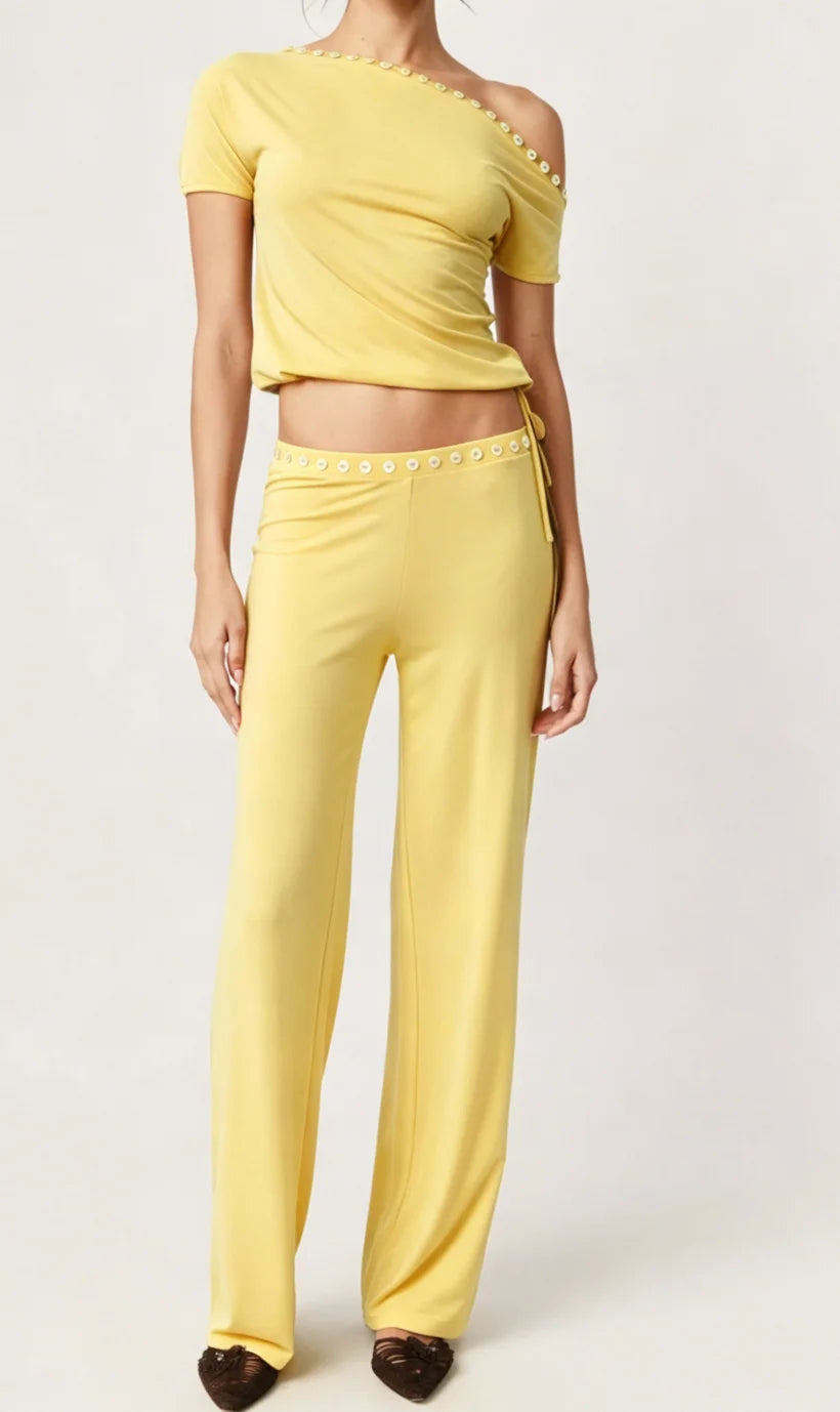 One-Shoulder Shell Button Crop Top & High-Waist Wide Leg Pants Set