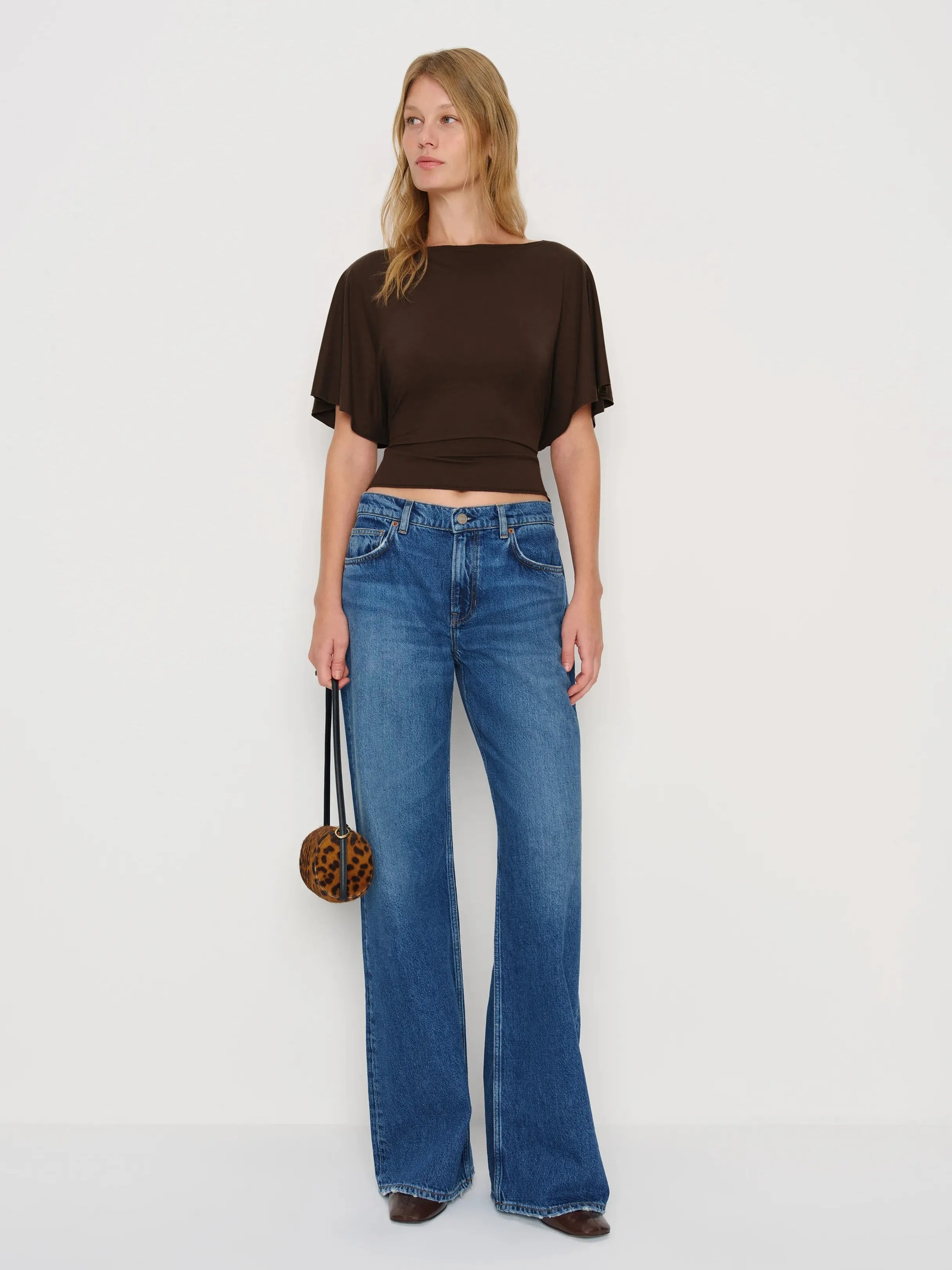Neck Tie-Waist Batwing Sleeve Cropped Top | Vintage Commuter Slim-Fit T-Shirt