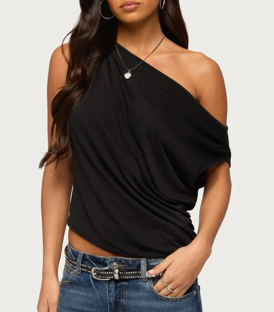 Asymmetric Off-Shoulder Draped T-Shirt
