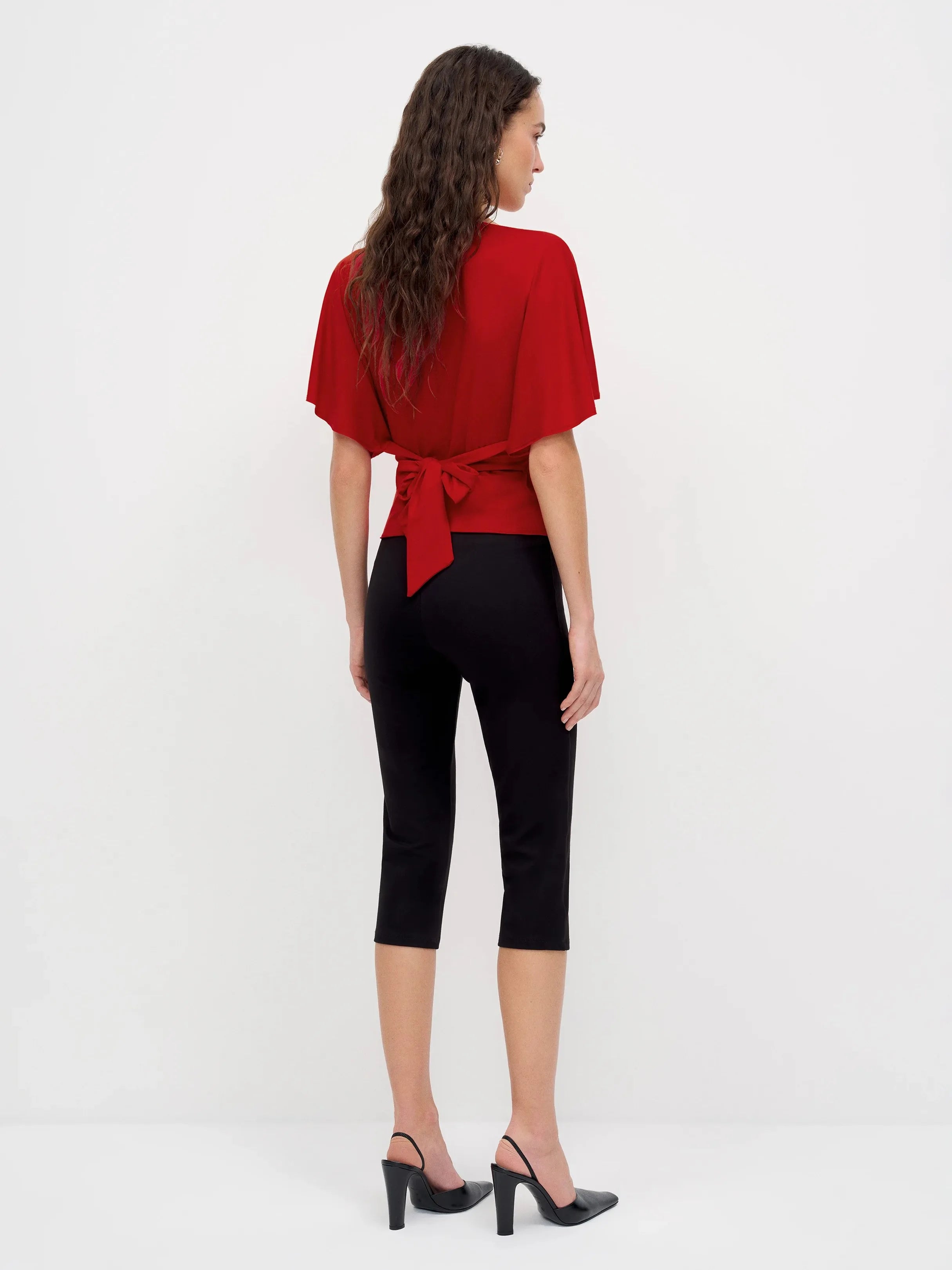 Neck Tie-Waist Batwing Sleeve Cropped Top | Vintage Commuter Slim-Fit T-Shirt
