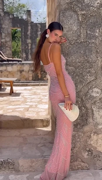 Pink Pearl Rhinestone Cami Mermaid Maxi Dress | Luxury Elegant Backless Evening Gown
