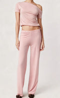 One-Shoulder Shell Button Crop Top & High-Waist Wide Leg Pants Set