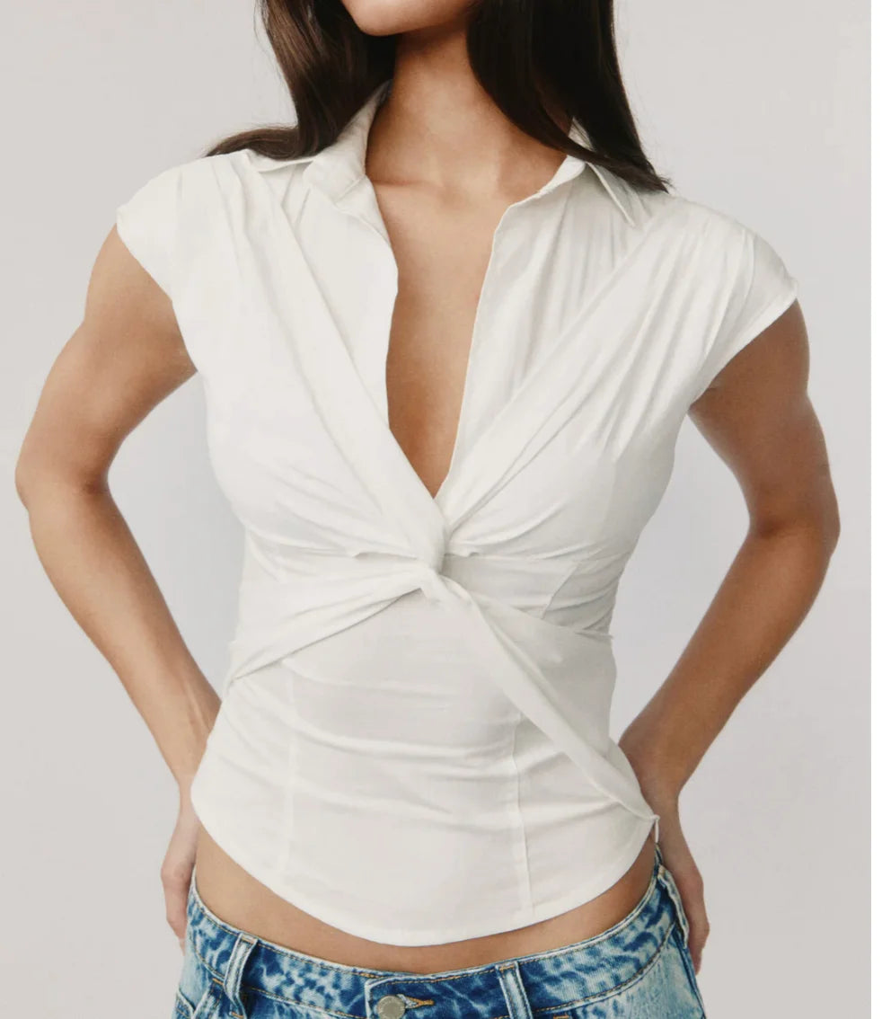Twist Front V-Neck Fitted Sleeveless Blouse