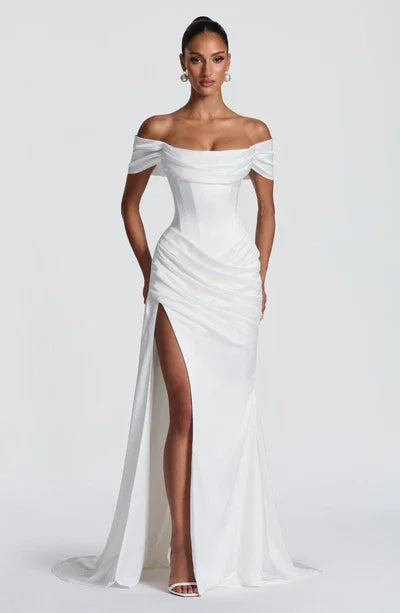 Off-Shoulder Satin Corset Waist Slit Wedding Dress