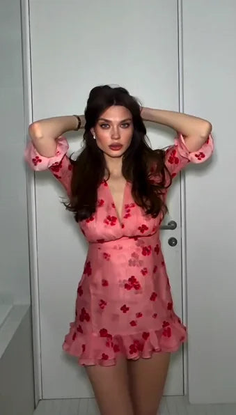 Pink Base Red Floral Deep V-Neck Ruffled Mini Dress