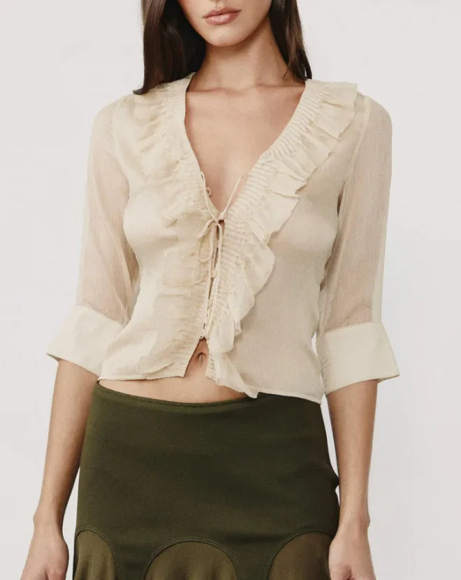 Ruffled Tie-Front Sheer Cropped Blouse