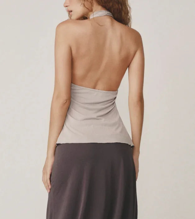 Deep V Halter Backless Ruffle Top